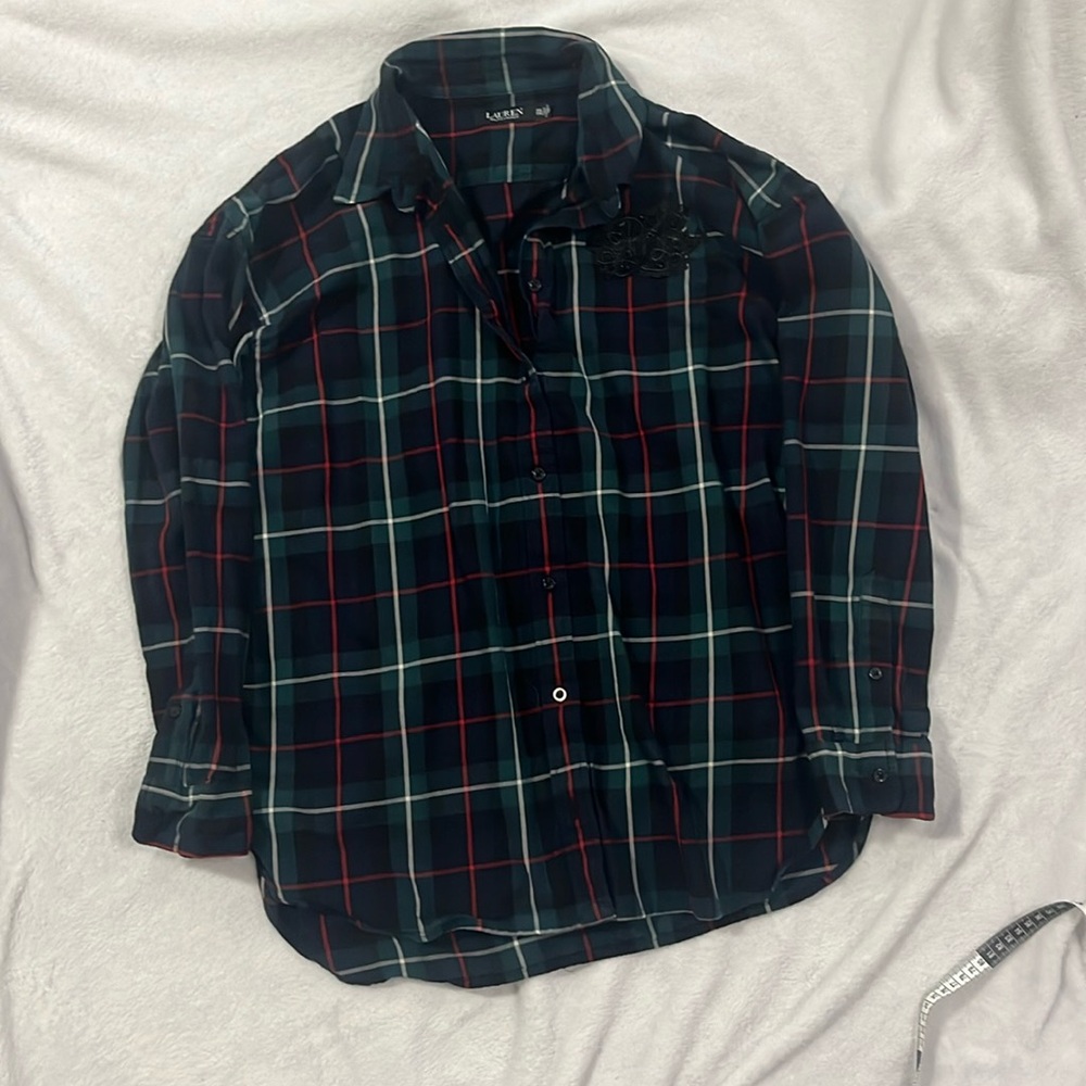 Ralph Lauren plaid collared woman's shirt white RL emblem